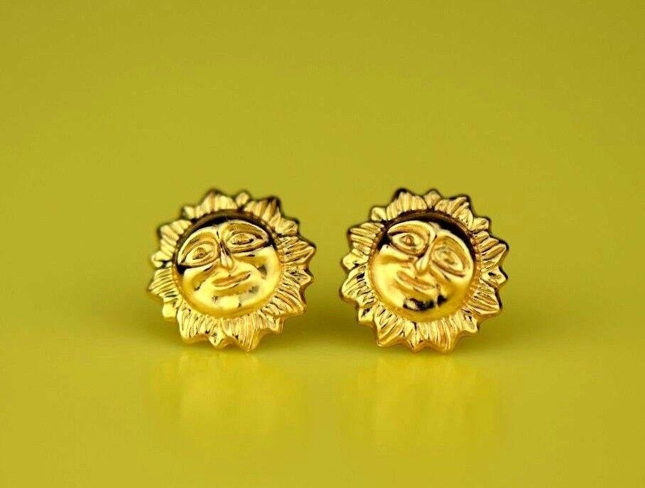 14k Yellow Gold Sun Face Stud Earrings