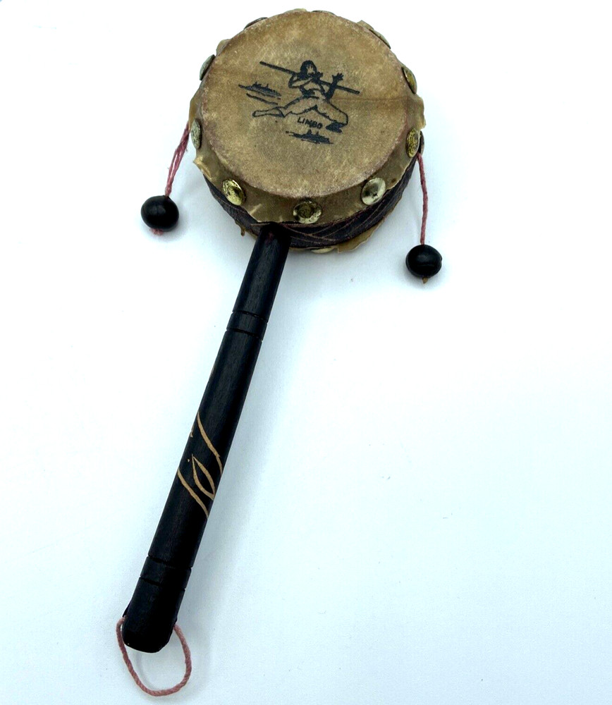 Vtg. Hand Spin Double Sided Percussion, Caribbean Limbo Dancer Image, Carved