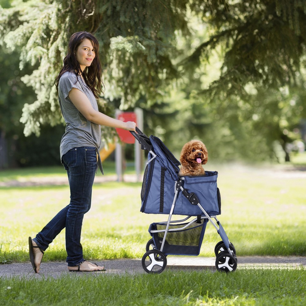 Compact Navy Blue Pet Stroller with Mesh Windows and Quality Upgrades