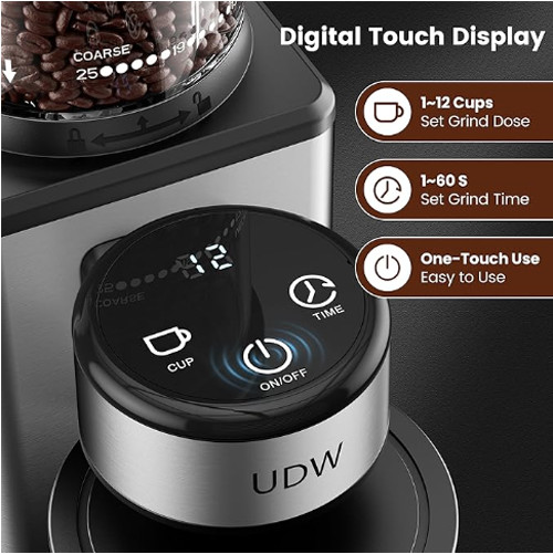 Conical Burr Coffee Grinder – 25 Grind Settings, Timer, Stainless Steel