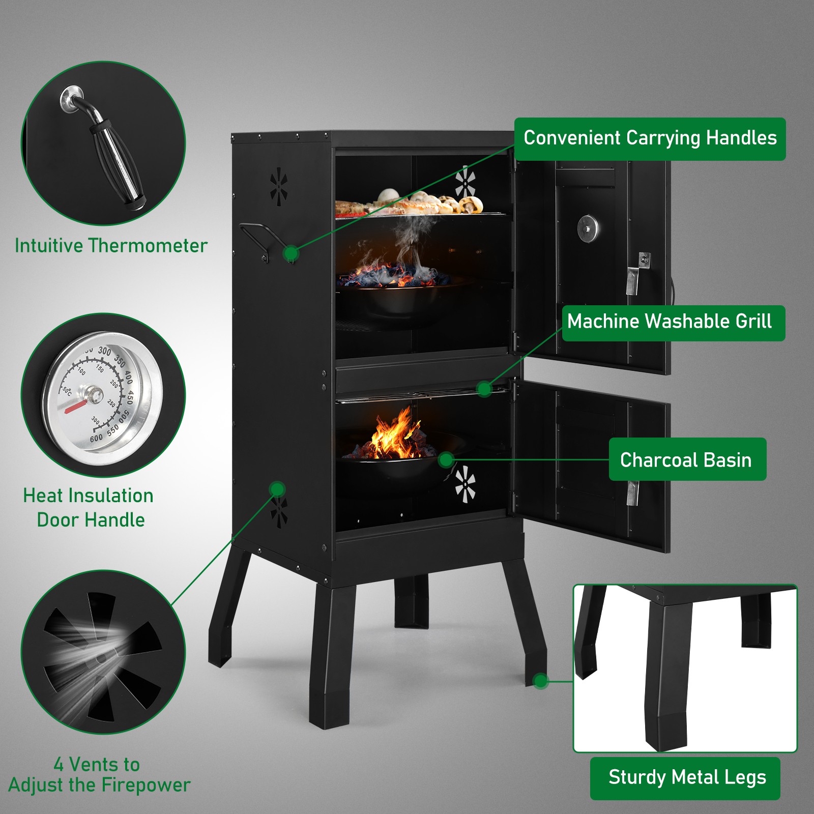 Vertical Charcoal Smoker Barbecue with Double Door Thermometer Garden Camping