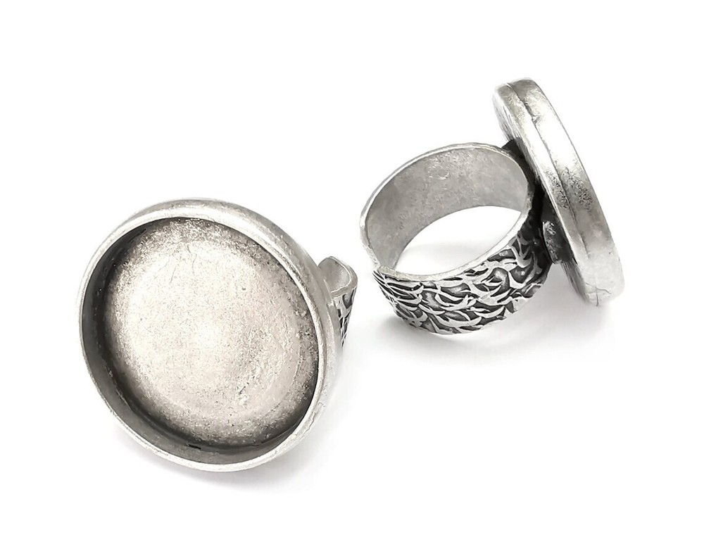 Round Antique Silver Ring Blank Setting, Cabochon Mounting Adjustable Resin Ring