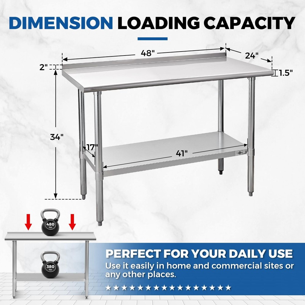 Profeeshaw Stainless Steel Prep Table NSF Commercial Work Table with Backsplash
