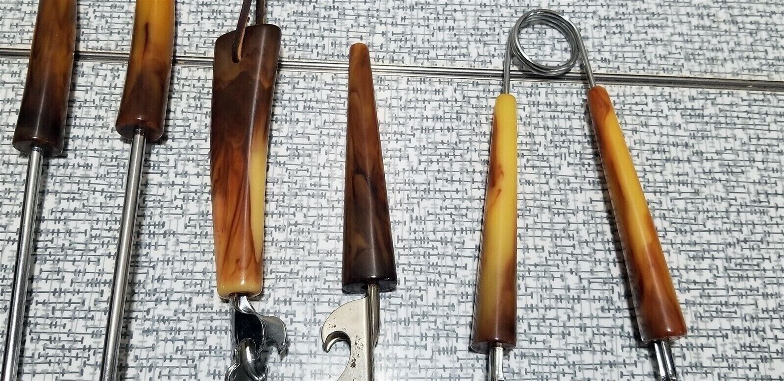 Vintage SET of 6 Barware UTENSILS Bar Tools Marbled BAKELITE HANDLES Sheffield