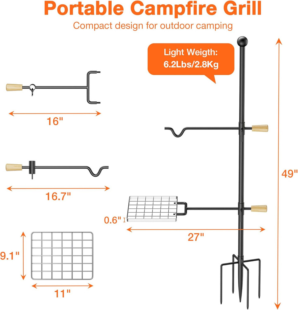 Portable Campfire Grill Grate with Adjustable Handle for BBQ and Camping
