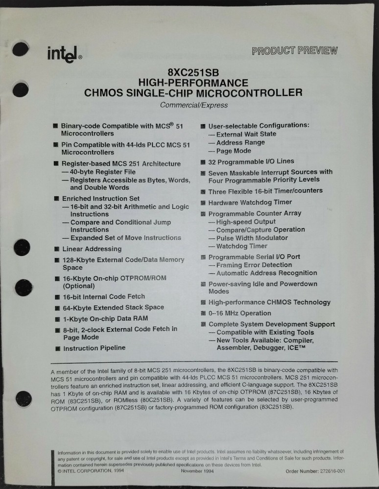 1995 Intel 8XC251SB Embedded Microcontroller User’s Manual w/ Product Preview