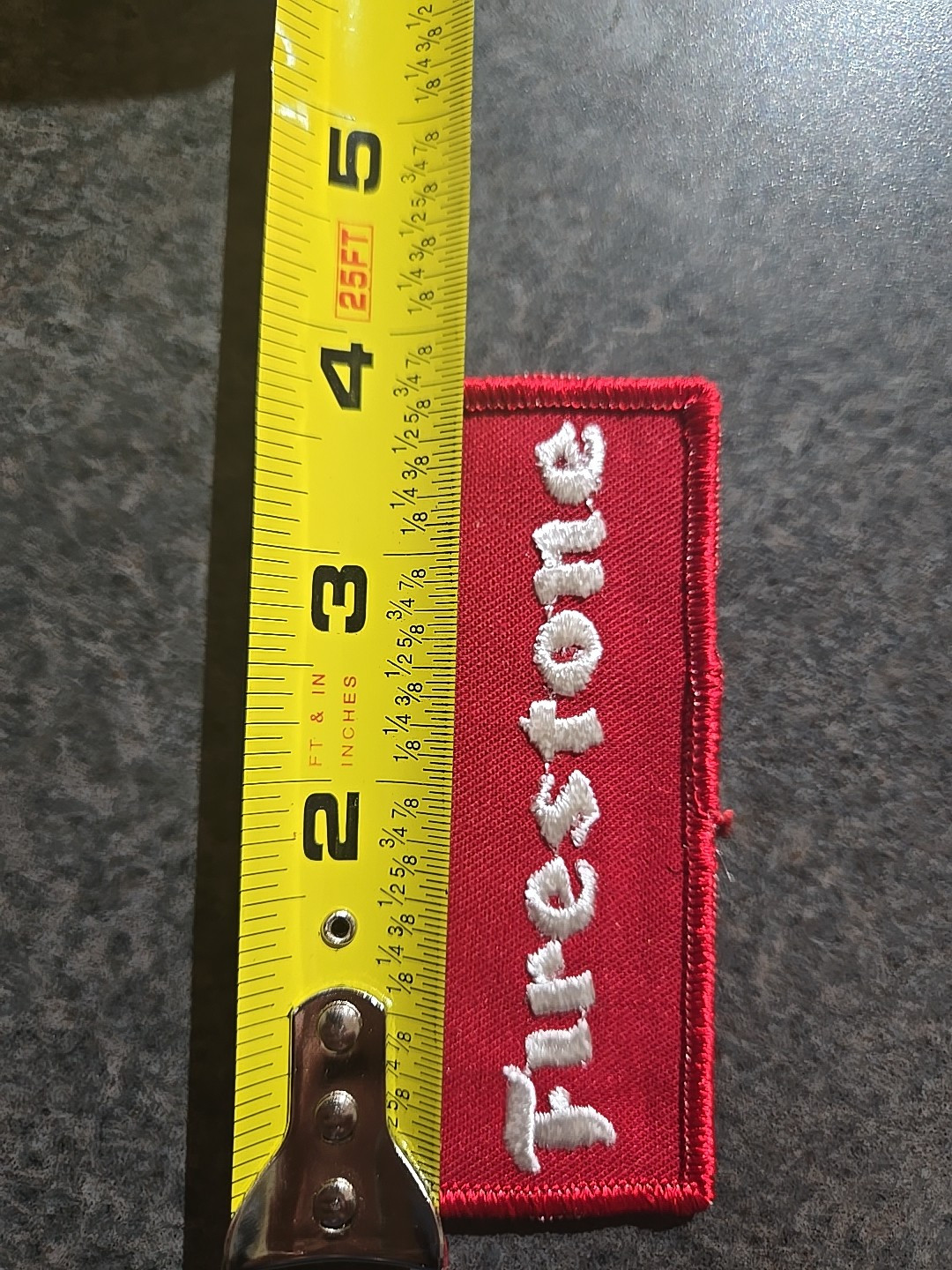 VTG FIRESTONE Logo EMBROIDERED IRON ON PATCH .NOS. 1 3/8 X 3 3/4 In