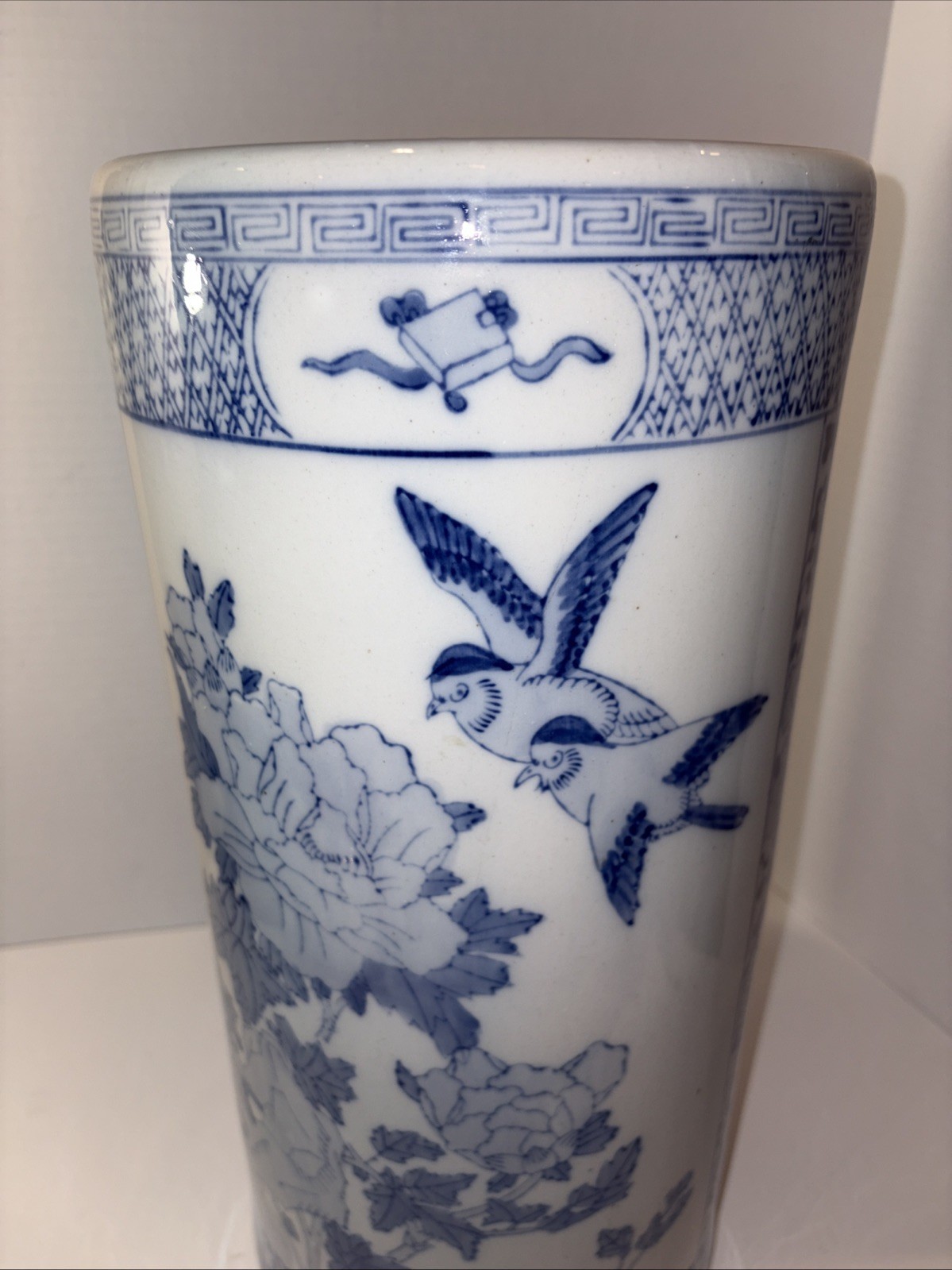 Vintage Umbrella Stand Blue and White Greek Key Chinoiserie Birds Chinese 18”