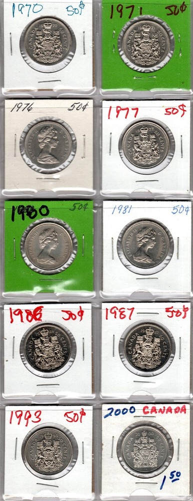 1968-2000 CANADA HALF DOLLAR COINS 20 DIFFERENT MOST HIGH CONDITION