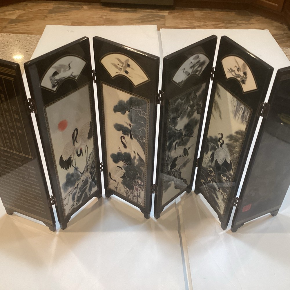 6 Panel Divider Mini Folding Screen Chinese Lacquerware Pine And Crane