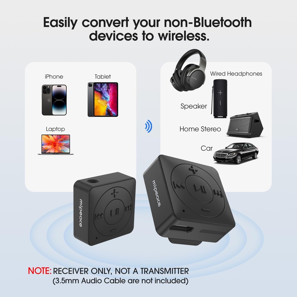 Bluetooth Audio Adapter for Headphones, Bluetooth 5.3 Receiver, 3.5mm Jack Au...