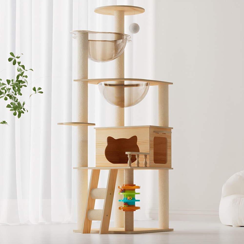 Modern Cat Tower with Scratching Posts, Perch & Acrylic Hammock for Cats