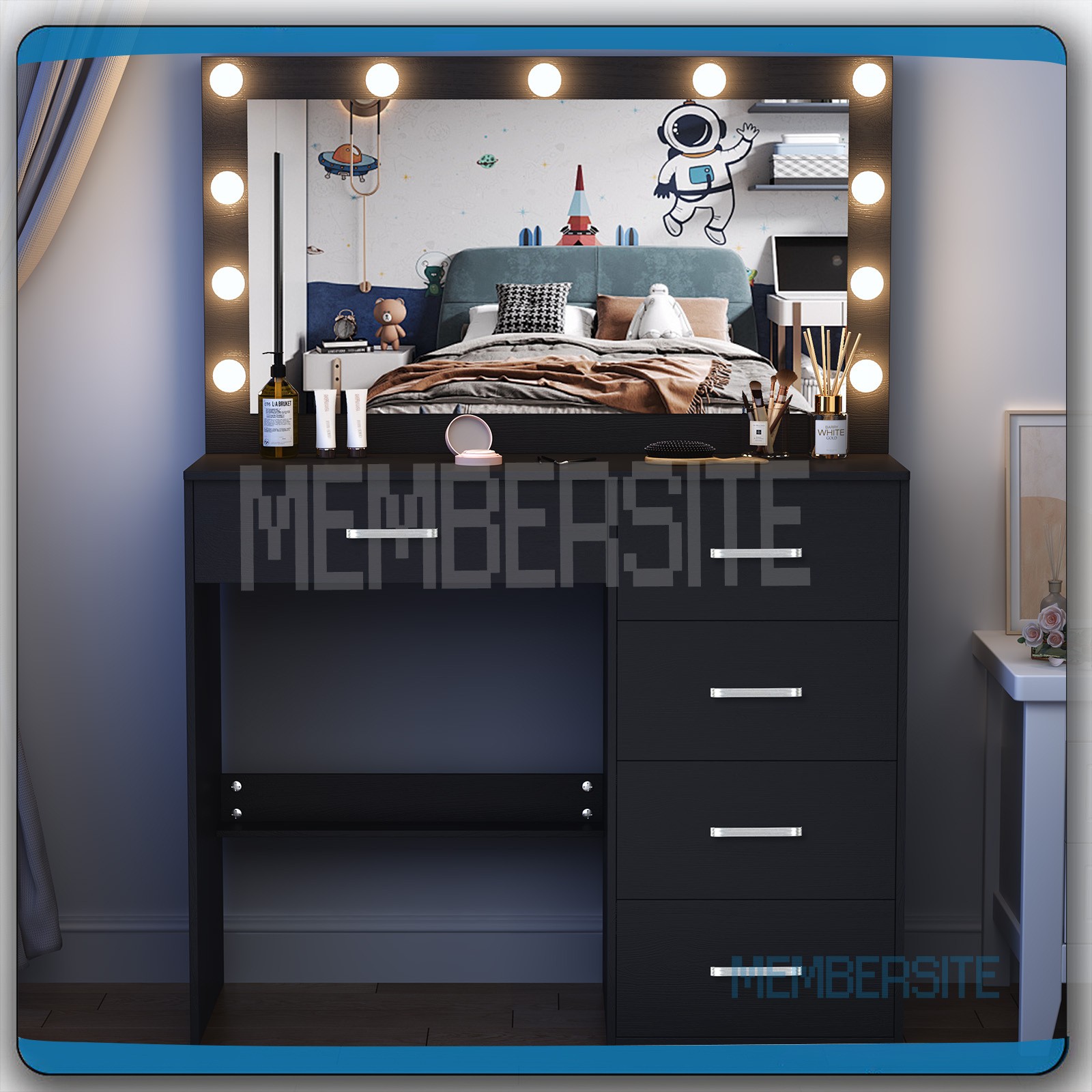 Black Vanity Desk w/Large Mirror &Built -in Hollywood Bulbs Makeup Dressing Desk