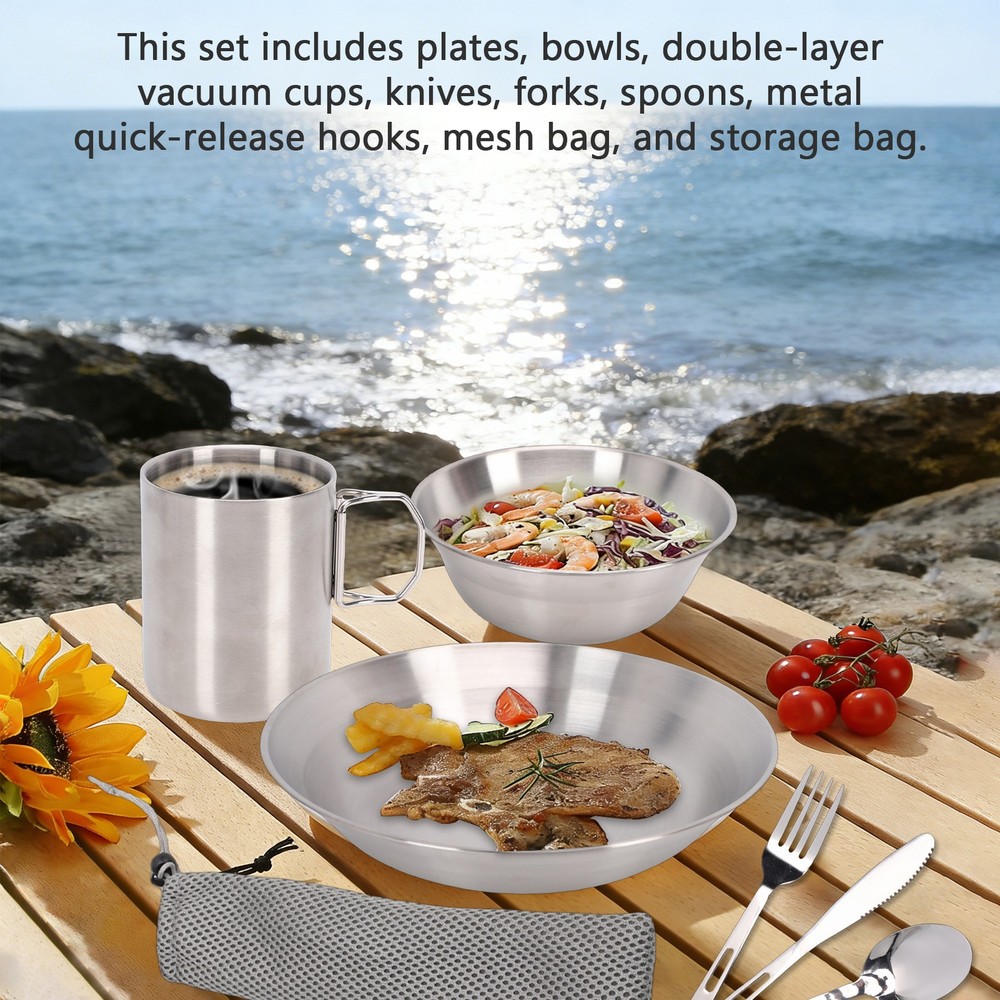 Portable Stainless Steel Camping Tableware Set Double-layer Cup Thickened B TAGX