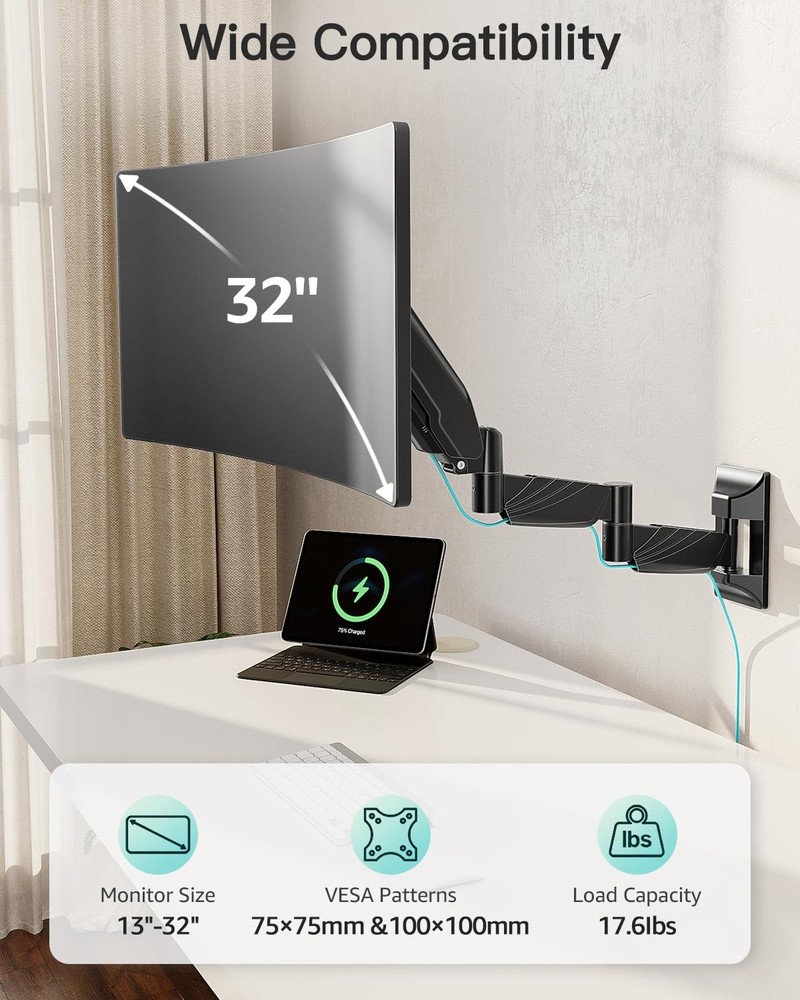 Monitor Wall Mount for 13 to 32 inch Computer Screen, Extra Long Adjustable S...