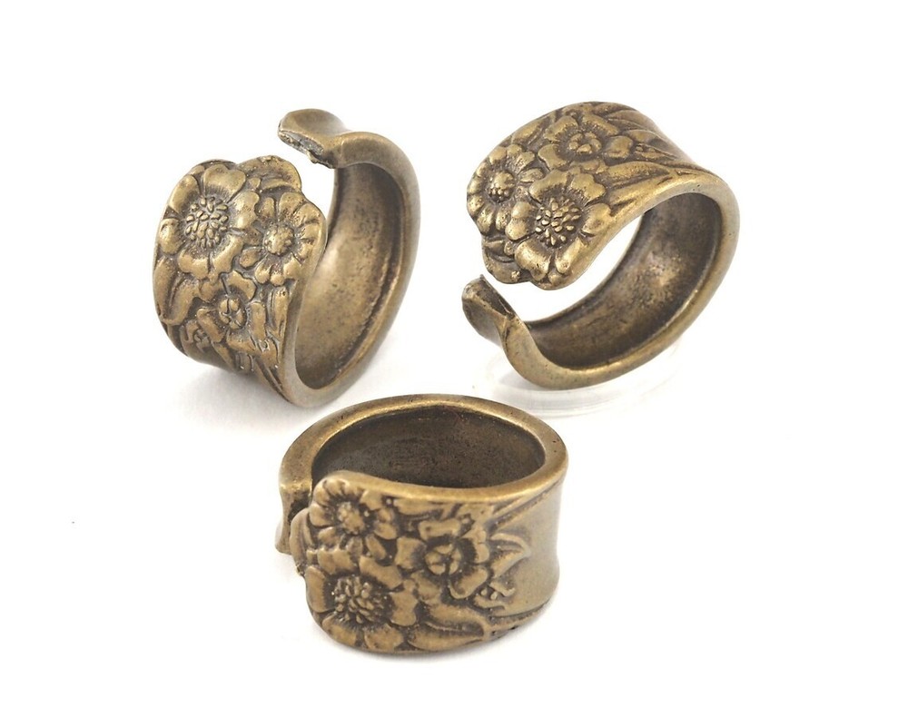 Spoon Ring Flower Patterned Adjustable Ring Antique Bronze Plated Brass 8Us 2543