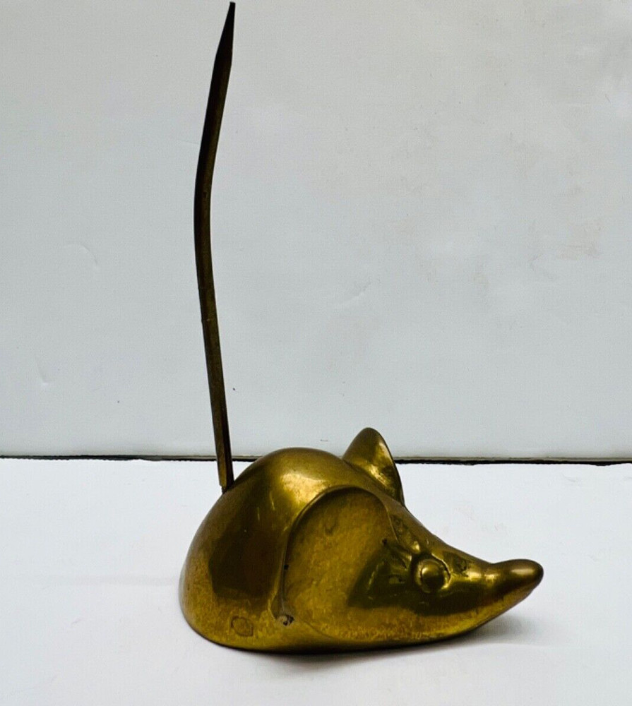 vintage solid brass mouse long tail paper/ ring holder paperweight