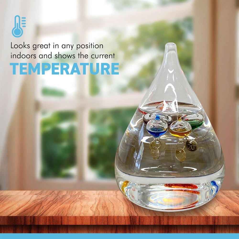 TEAR DROP shaped GALILEO THERMOMETER with five floating globes