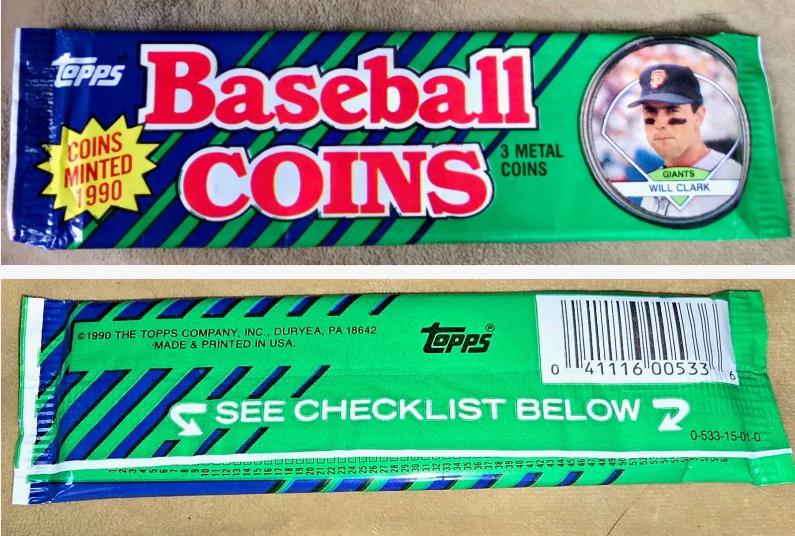 1990 topps metal baseball coins Will Clark in sealed package 3 In Package Giants