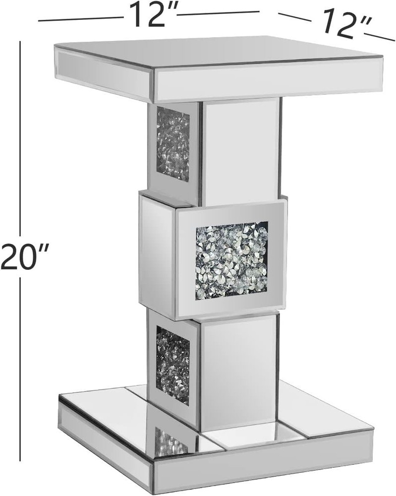 20"Silver Mirrored End Table With Crystal Inlay, Modern Side Table Accent Table