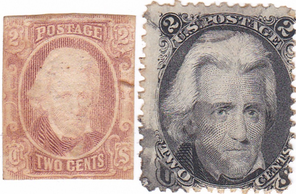 Confederate Two Cent Red Jack & United States Two Cent Black Jack Stamps