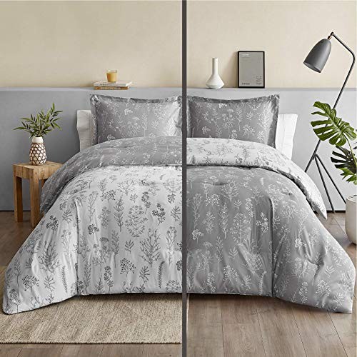 Bed Comforter Set - Reversible Floral White Bedding Comforter Set, Queen Grey