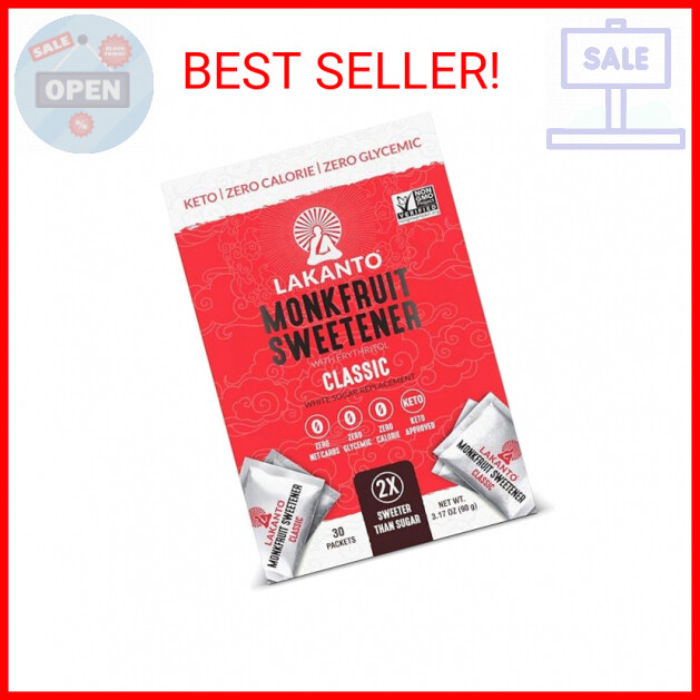 Lakanto Classic Monk Fruit Sweetener Packets - White Sugar Replacement, Zero Net