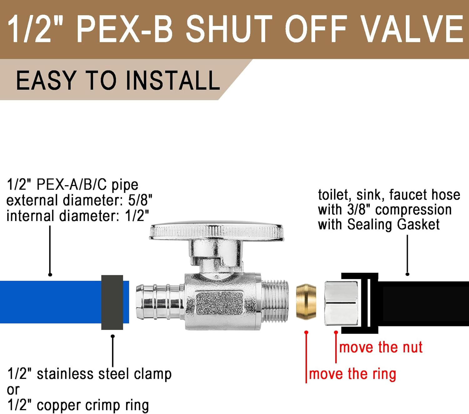 [10 Pieces] Straight Angle Valve Shut off Valve 1/2" PEX-B Crimp X 3/8" Compres