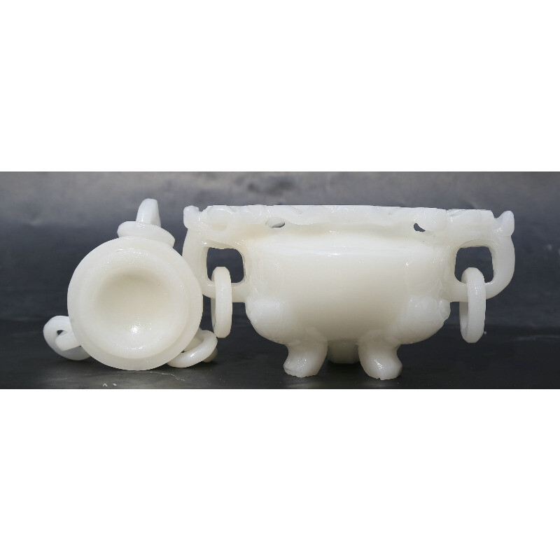 6.5" Chinese White Jade Carved Dragon Head Beast Tripodia Incense Burner Censer