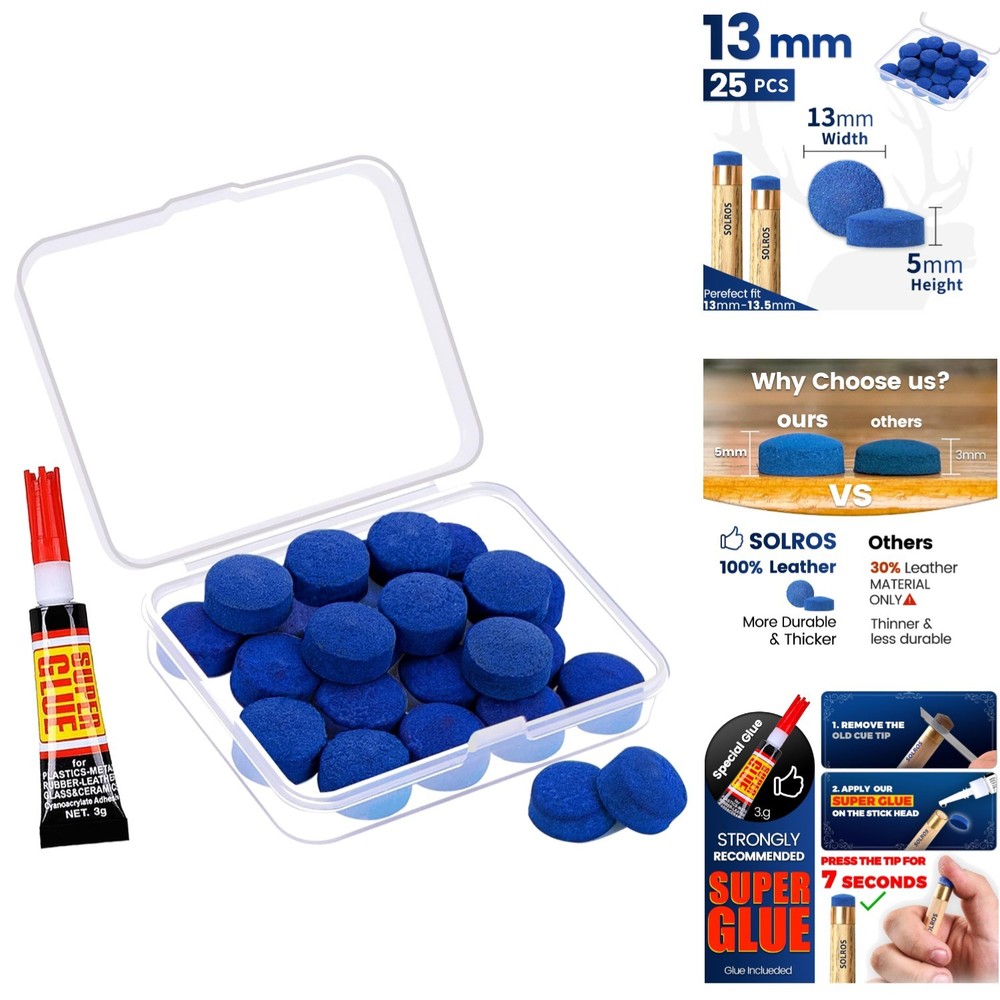 Billiard Cue Tips Replacement Set - 25 Leather Tips with 3 Secs Install Glue