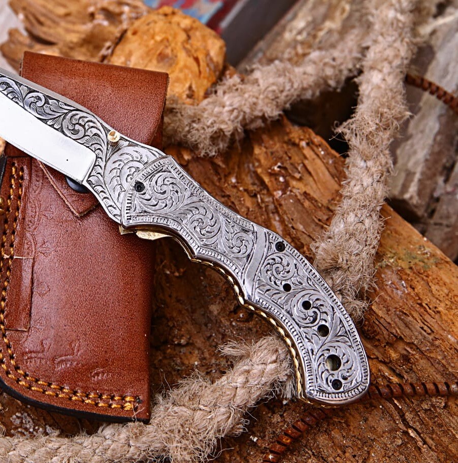 Custom Handmade D2 Steel Engraved Folding knife