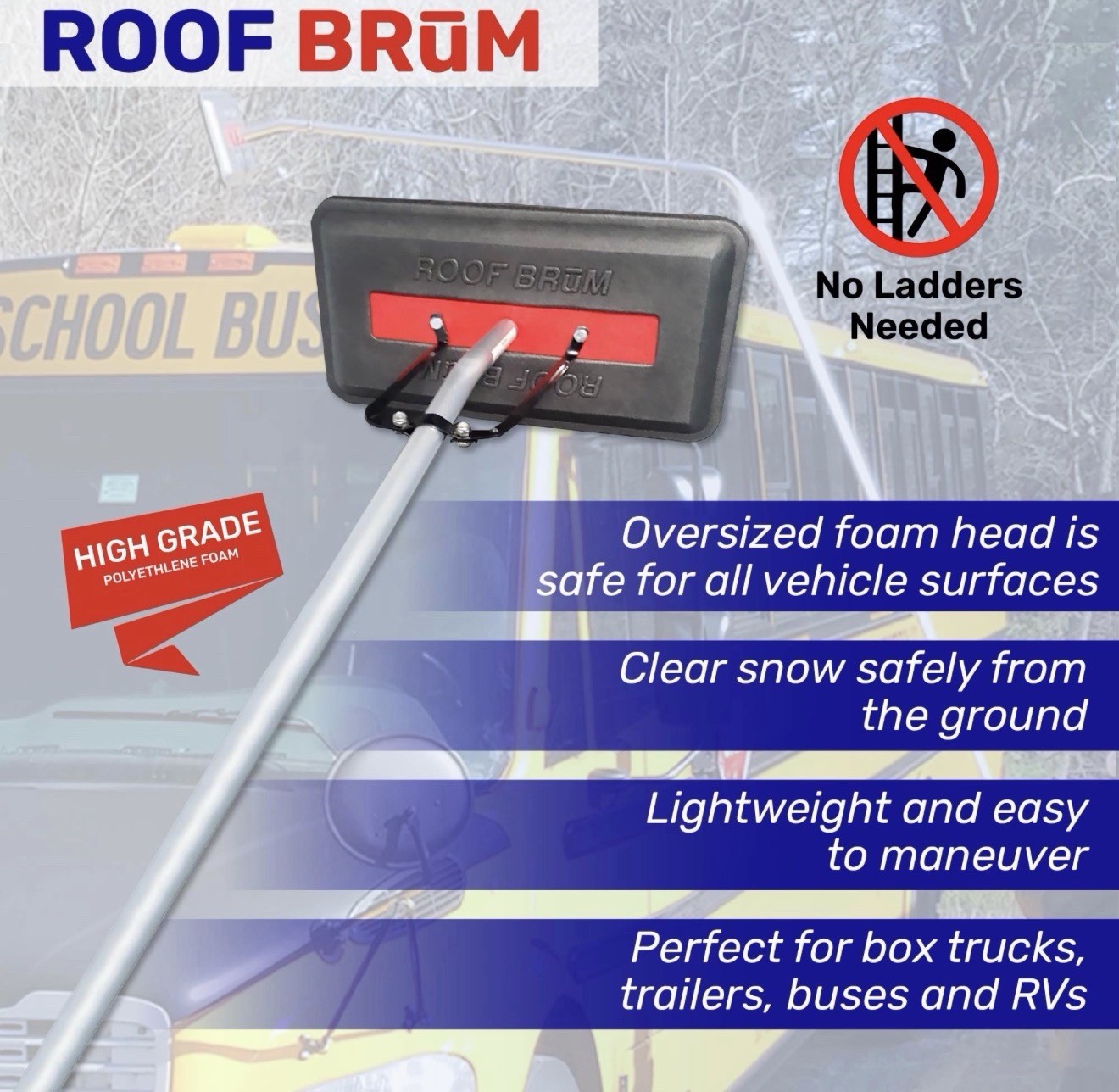 Mobile RoofBrum Snow Broom for Extra Large Vehicles, 12 Foot – No Scratch Snow