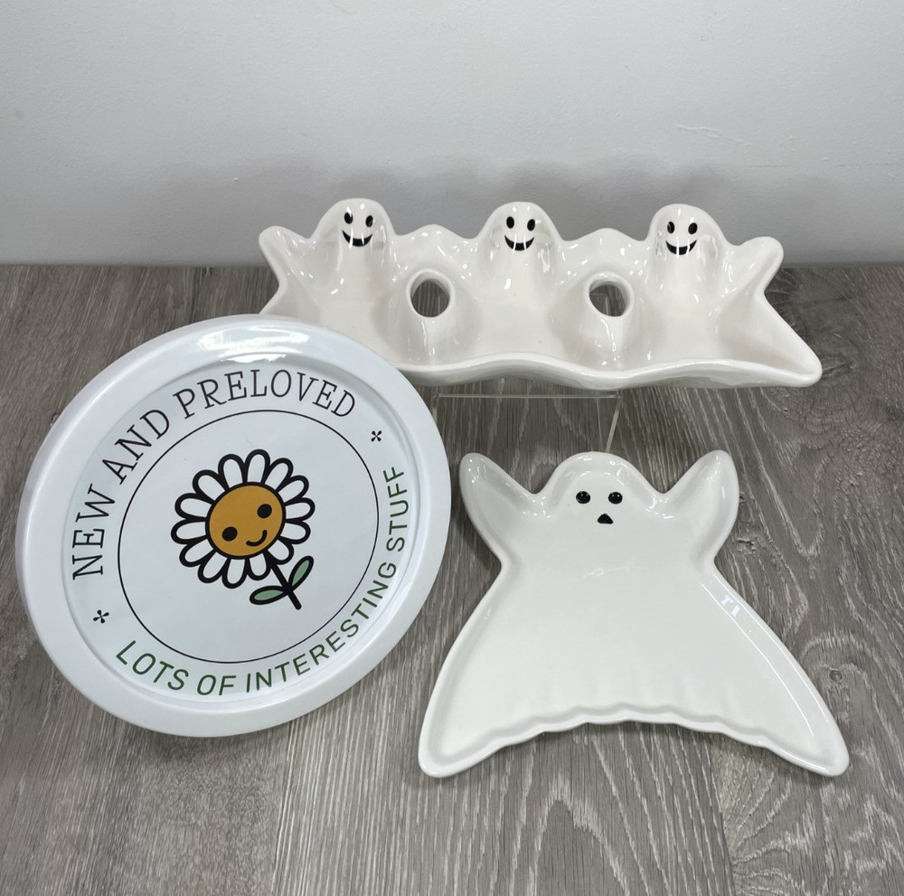 Halloween Ghost Ceramic Serving Dish and Plate Set NEW