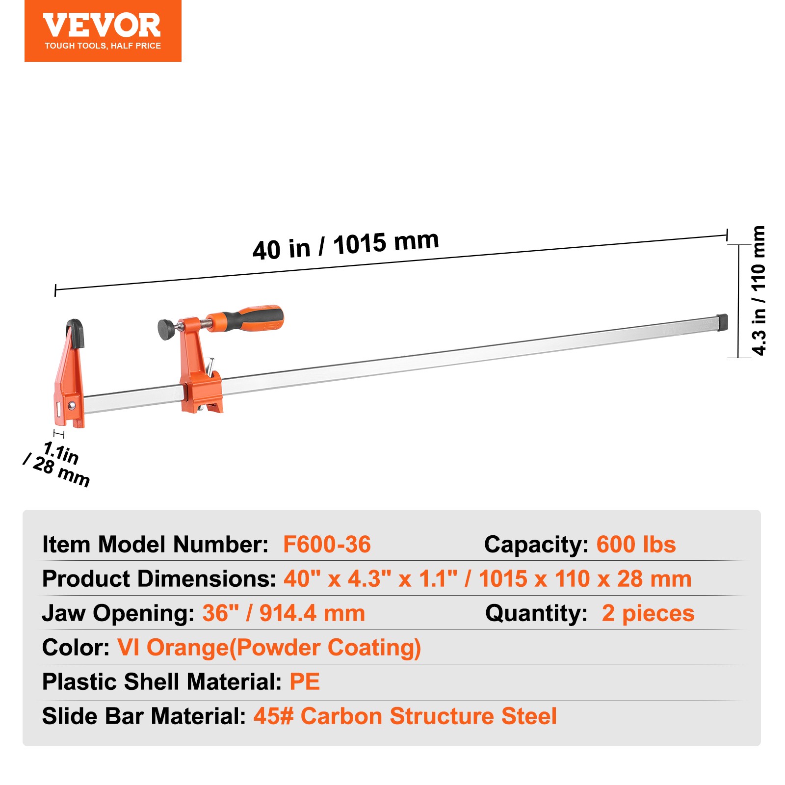 VEVOR Bar Clamps for Woodworking F Clamp 2-Pack 36" Clamp/Spreader 600 lbs Load