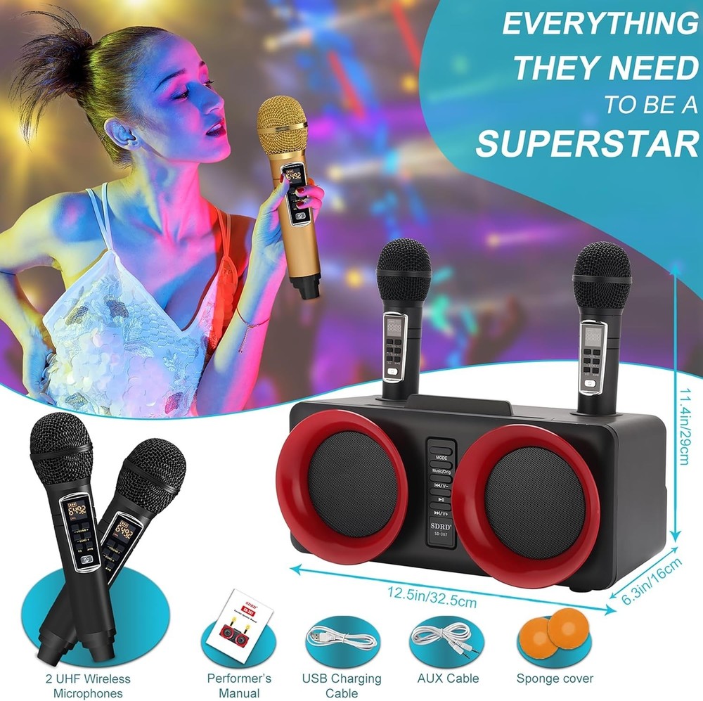 ALPOWL Mini Portable Karaoke Machine with 2 UHF Wireless Mic Bluetooth & LED