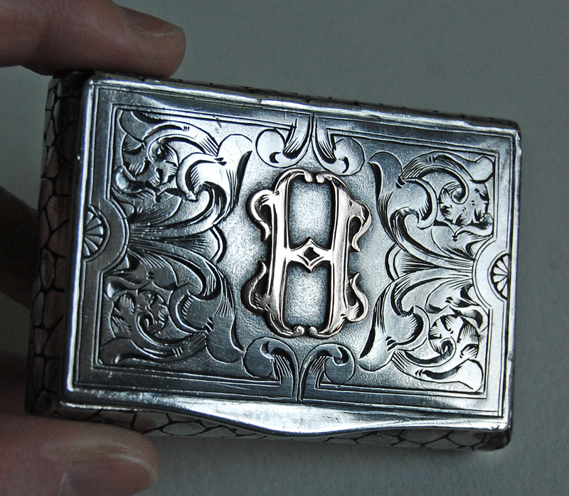Antique SOLID SILVER BOX - INITIAL BOX / STONE WALL MOTIF / c1890 (4S11)