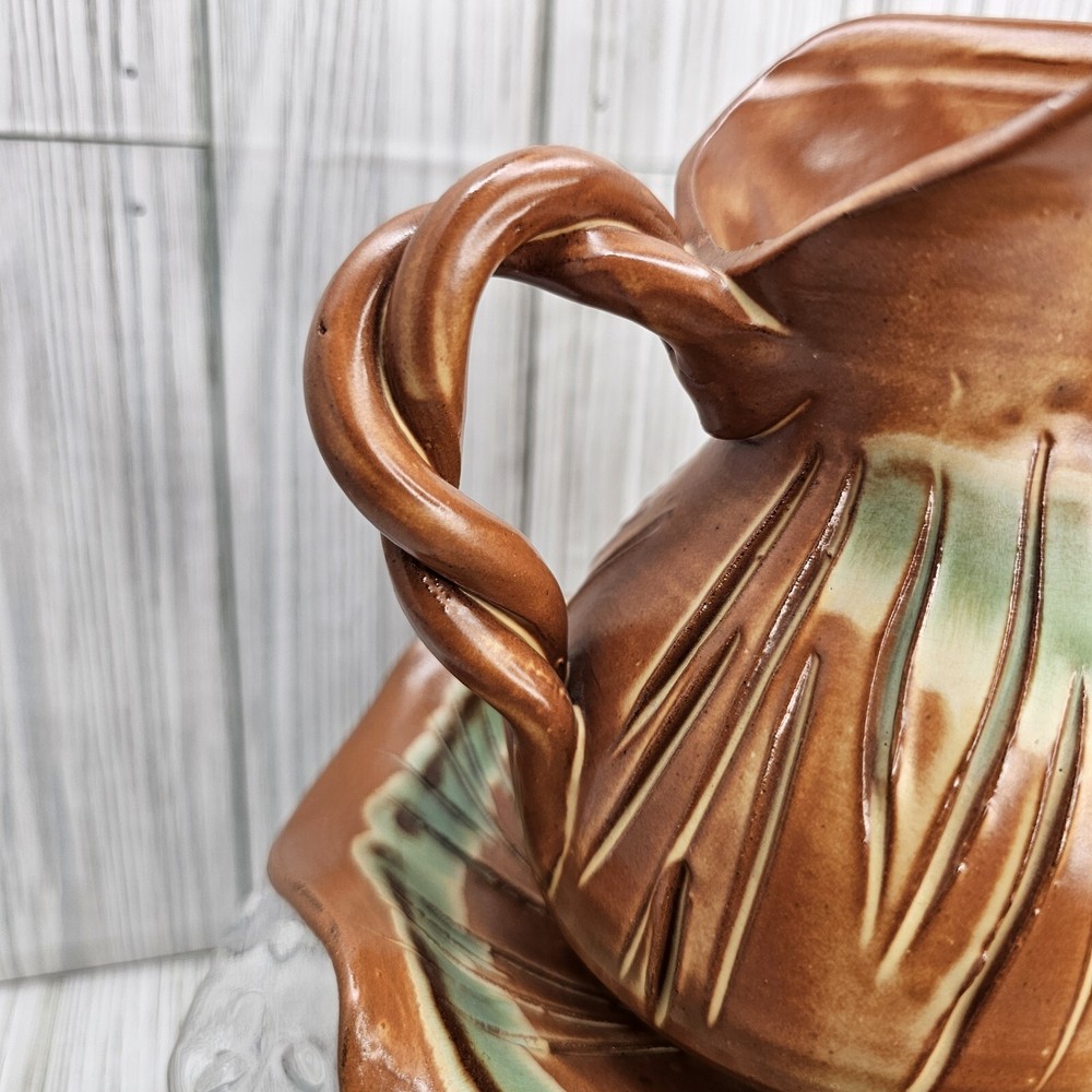 Art Studio Pottery Pitcher & Basin Twisted Handle Ruffled Basin Unique