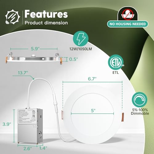 Pack 5CCT Ultra-Thin LED Recessed Ceiling Light with Junction Box, 6 Inch 24