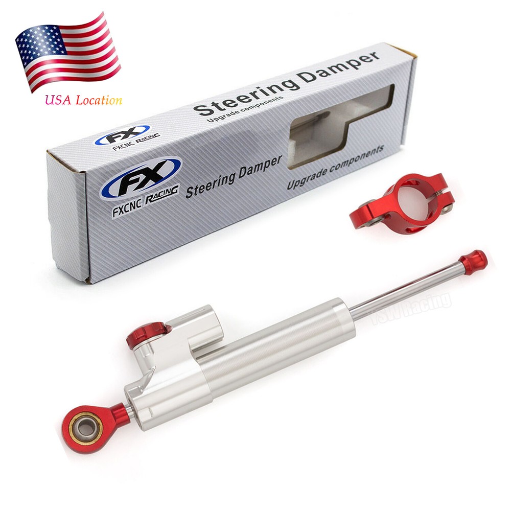 Motorcycle Universal CNC Adjustable Steering Damper Stabilizer Safety Silver&Red