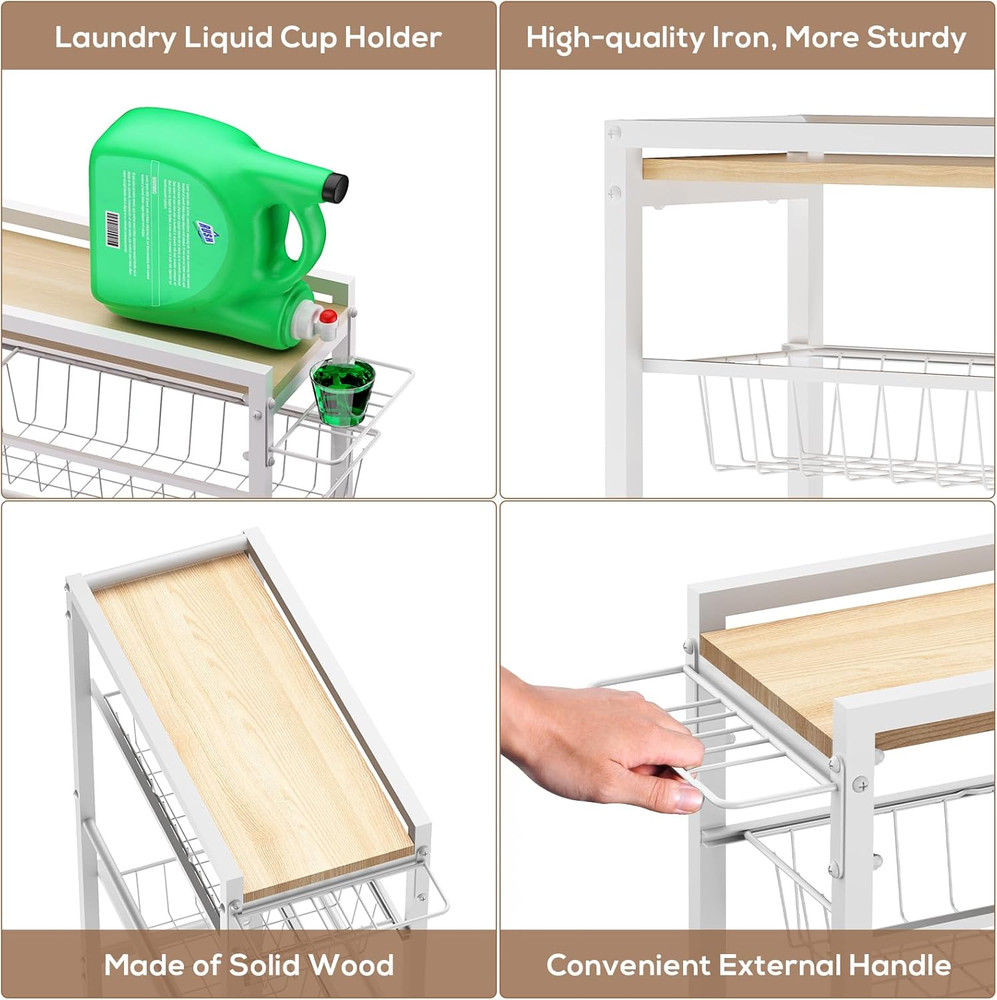 Slim 4-Tier Rolling Storage Cart with Pull-Out Baskets for Kitchen & Laundry