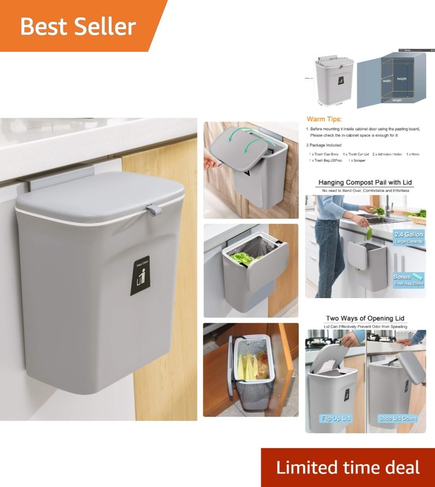 Gray 2.4 Gallon Kitchen Compost Bin - Versatile, Wall-Mount Design for Any Space