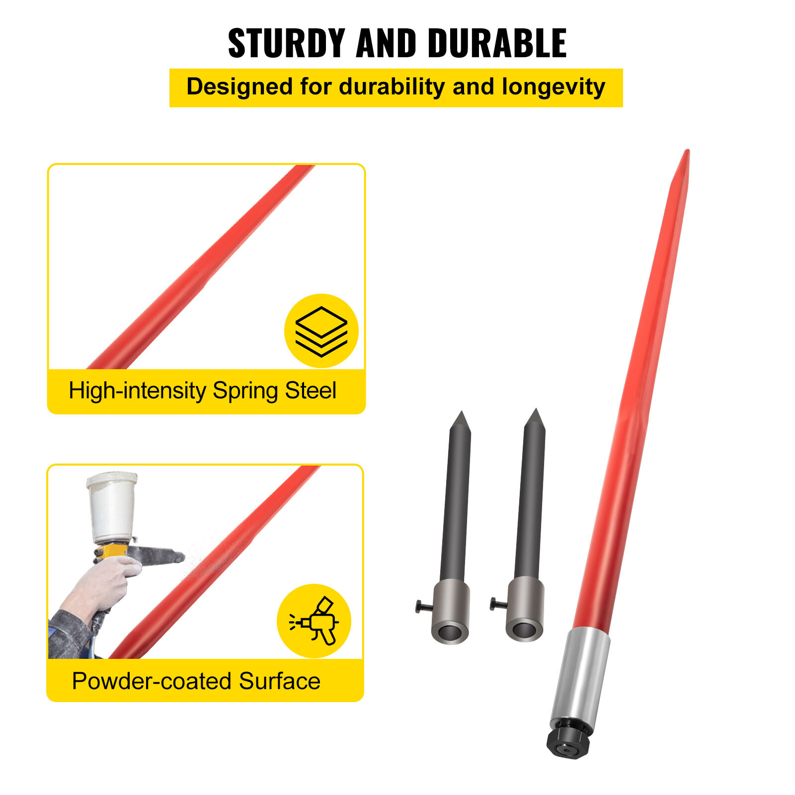 VEVOR Hay Bale Spear 49" 3000 lbs Spike Fork 45#Steel W/2 Stabilizers & Sleeves