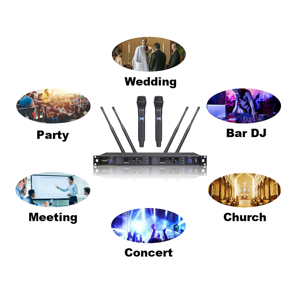 2CH Wireless Handheld Mic Dynamic UHF Microphone Receiver System Church KTV Mic