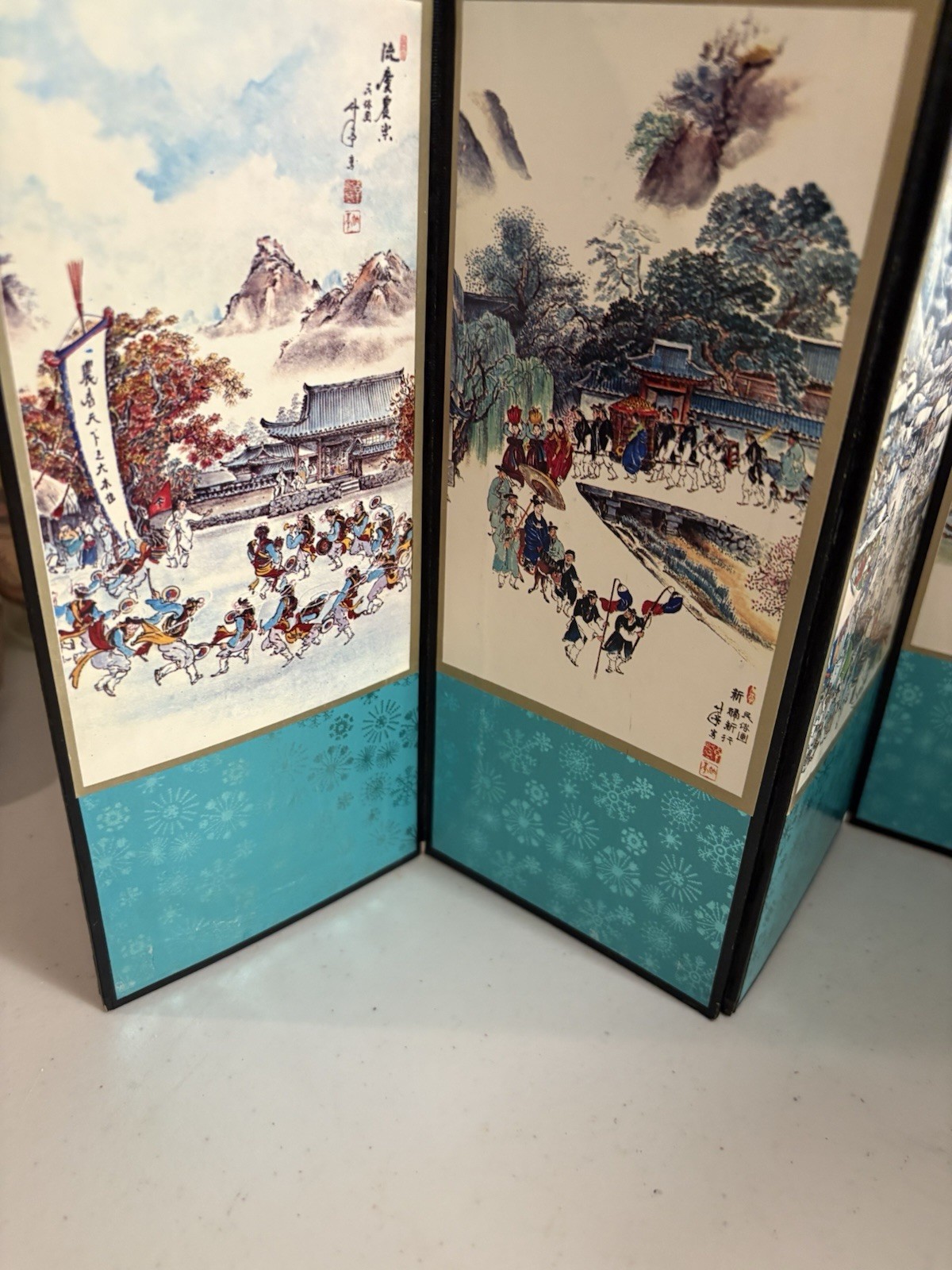 Vintage Chinese Seasonal Art On A Mini Folding Screen