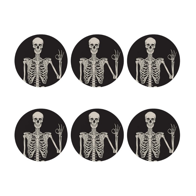 6Pcs Skeleton Skull Pattern Coasters Ceramic Stone Round Cup Mats Table Coaster