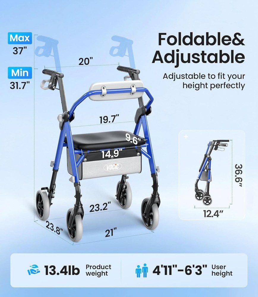 Lightweight Rollator Walker Seat Backrest Foldable All Terrain Adjustable