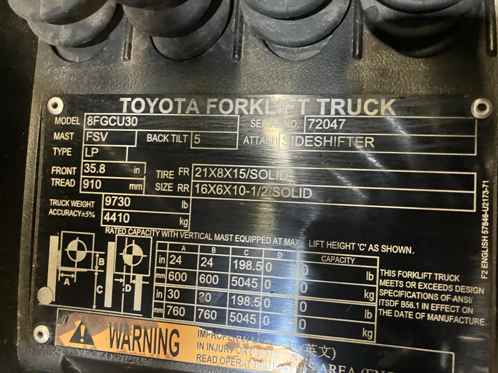 2020 Toyota 6000 LB Forklift With Side Shift and Triple mast