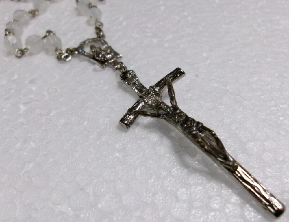 Vintage Catholic ROSARY Frosted White Faceted Acrylic Beads Silver Tone Crucifix