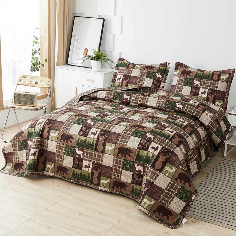 Reversible Moose Bear Quilt King Size Rustic Cabin Bedding Set