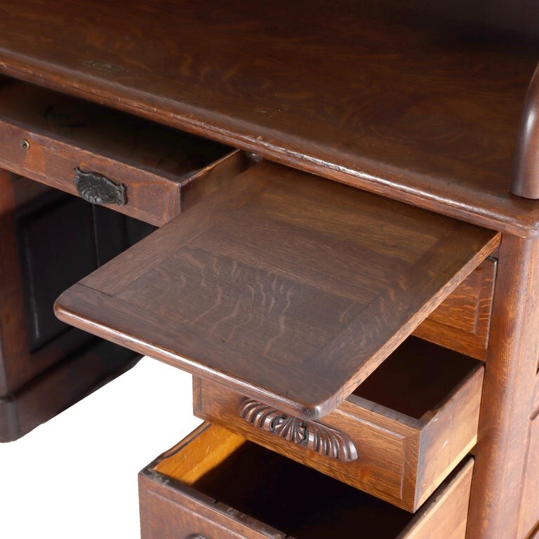 Derby Oak Raised Panel S-Roll Top Desk with Carved Pulls c1920